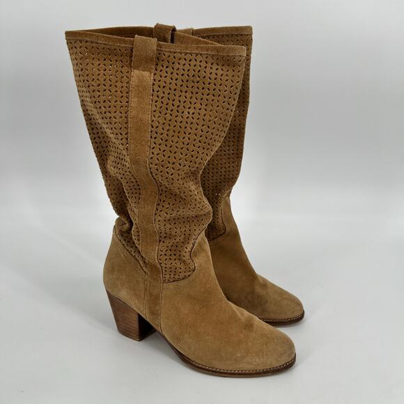 None and/or Unknown Shoes - Perforated Tan Suede Leather Boots Womens EU 36 US 6 Slouchy Mid Calf Spain READ